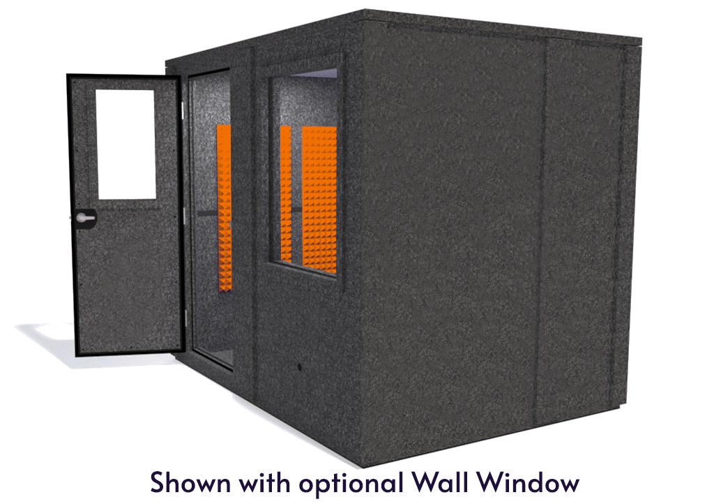WhisperRoom MDL 7296 E shown from the side with door open and orange foam