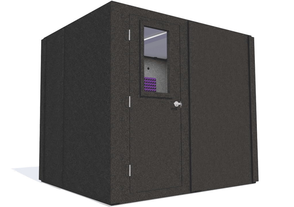 WhisperRoom MDL 7296 S shown from the left side with the door closed and purple foam