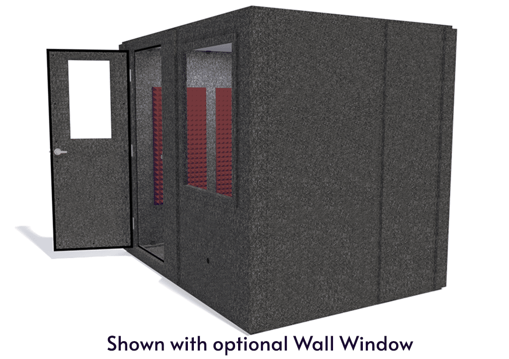 WhisperRoom MDL 7296 S shown from the side with door open and burgundy foam