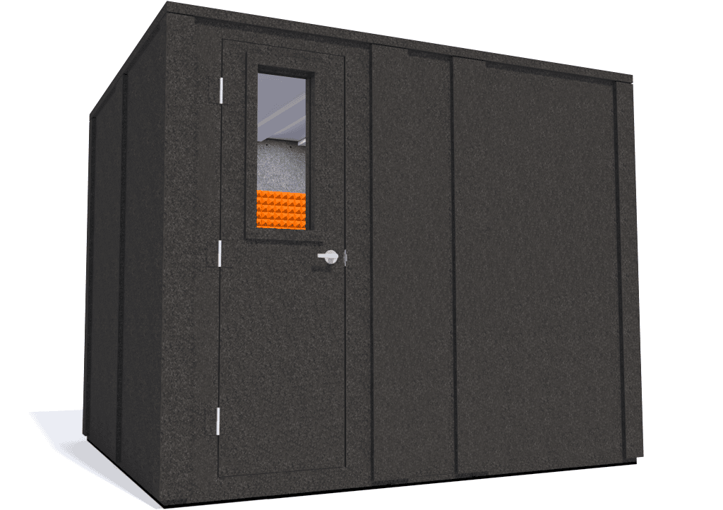 WhisperRoom MDL 84102 E shown from the left side with the door closed and orange foam