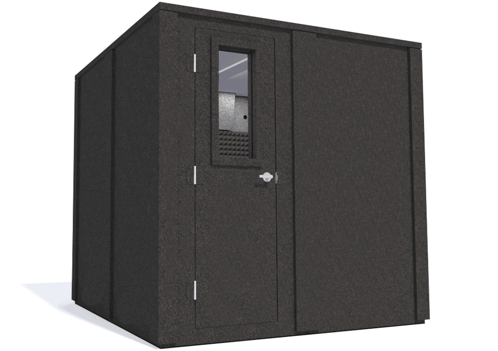 WhisperRoom MDL 8484 E shown from the left side with the door closed and gray foam