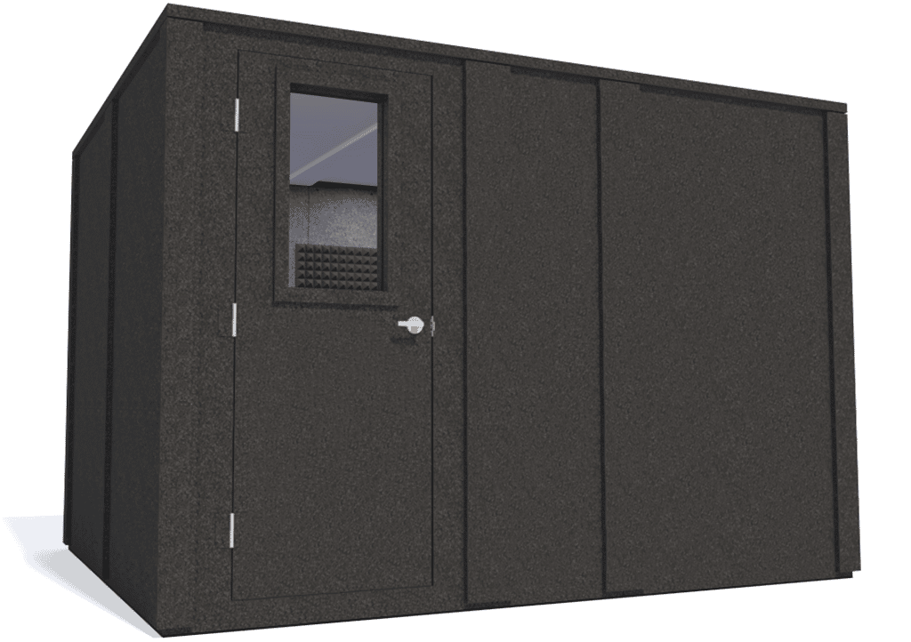 WhisperRoom MDL 96120 E shown from the left side with door closed and gray foam
