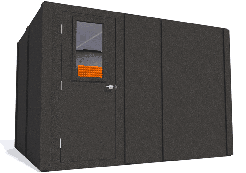 WhisperRoom MDL 96120 S shown from the left side with the door closed and orange foam