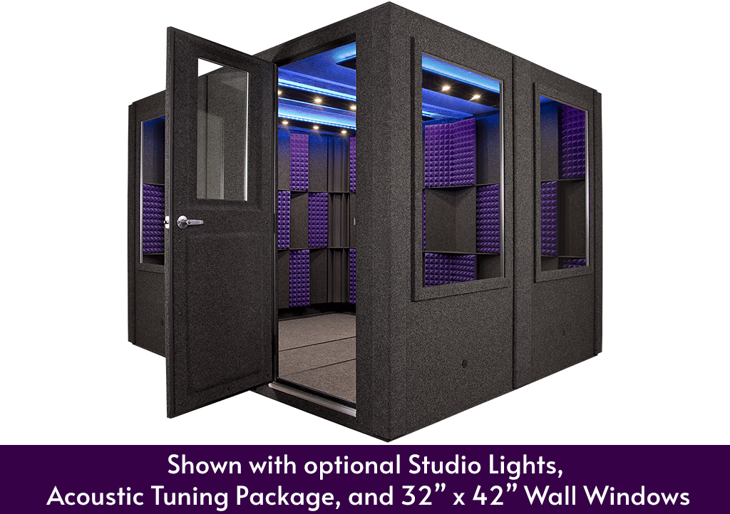 WhisperRoom MDL 96120 S shown with the door open from the side with purple foam, wall windows, and the acoustic tuning package