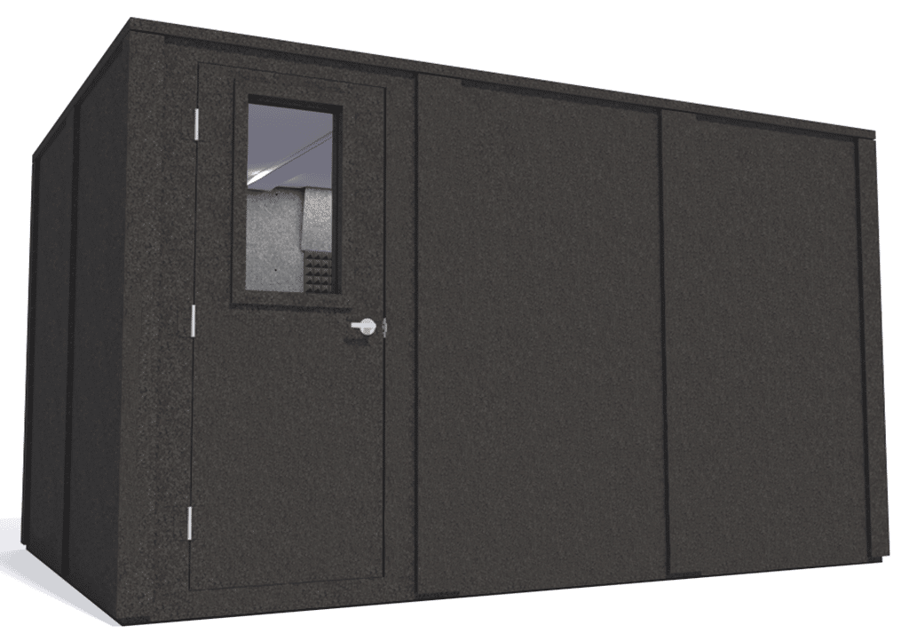 WhisperRoom MDL 96144 E shown from the left side with door closed and gray foam