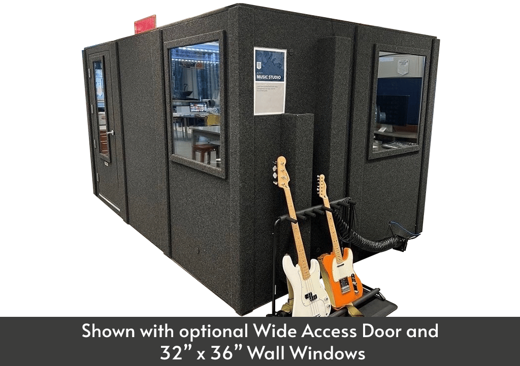 A WhisperRoom MDL 96144 S single-wall soundproof booth shown from the side with a guitar and bass guitar on a stand outside of the booth.
