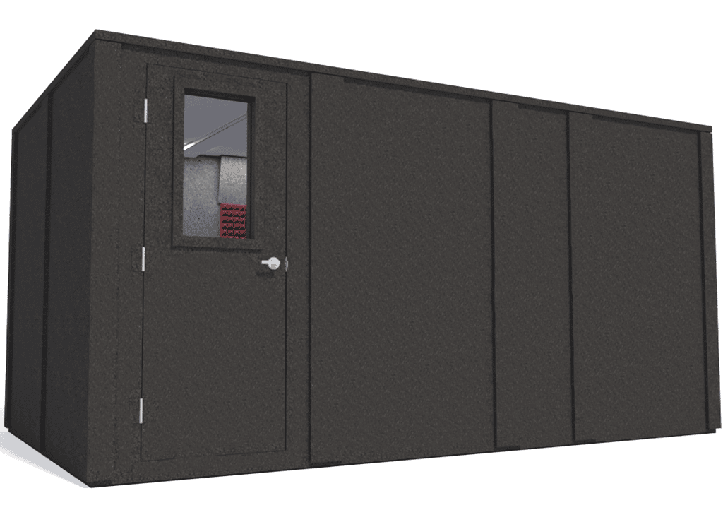 WhisperRoom MDL 96168 E shown from the left side with door closed and burgundy foam