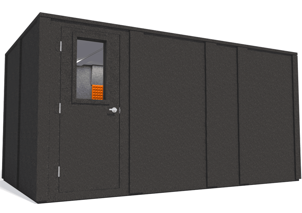 WhisperRoom MDL 96168 E shown from the left side with door closed and orange foam