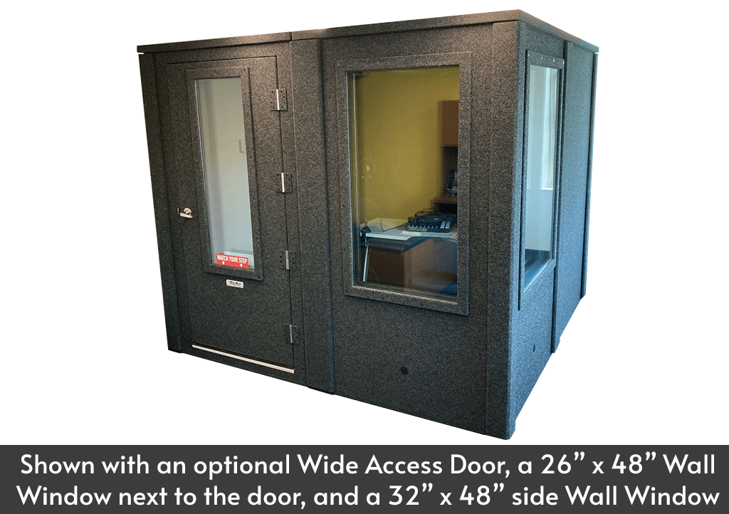 A WhisperRoom MDL 9696 E double-wall sound booth shown with a wide access door, a 26