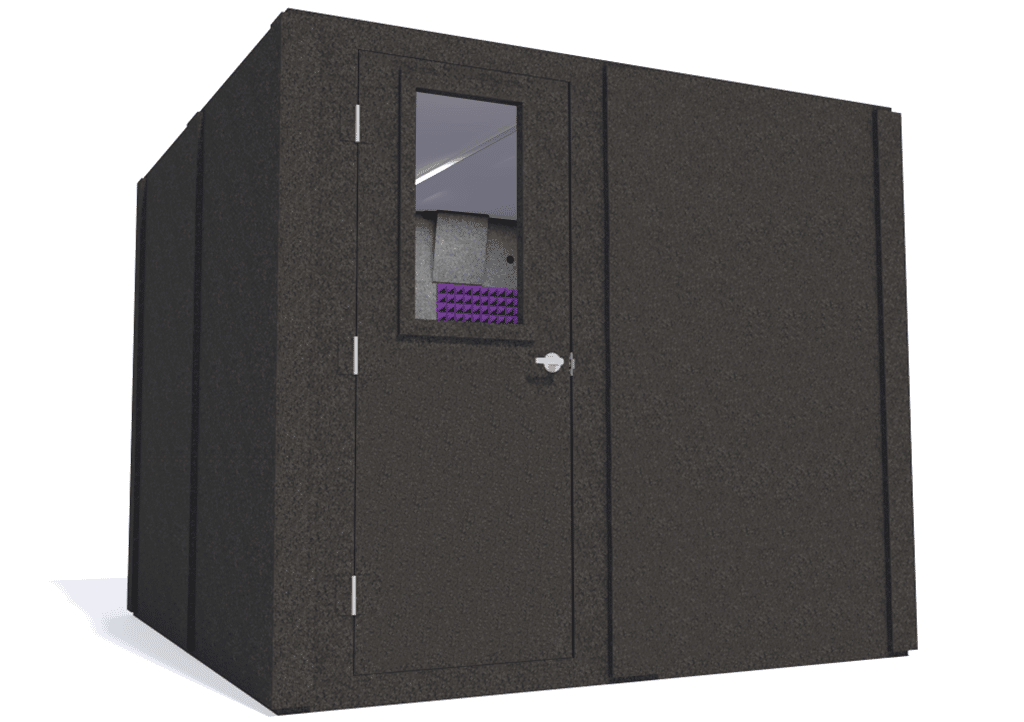 WhisperRoom MDL 9696 S shown from the left side with the door closed and purple foam