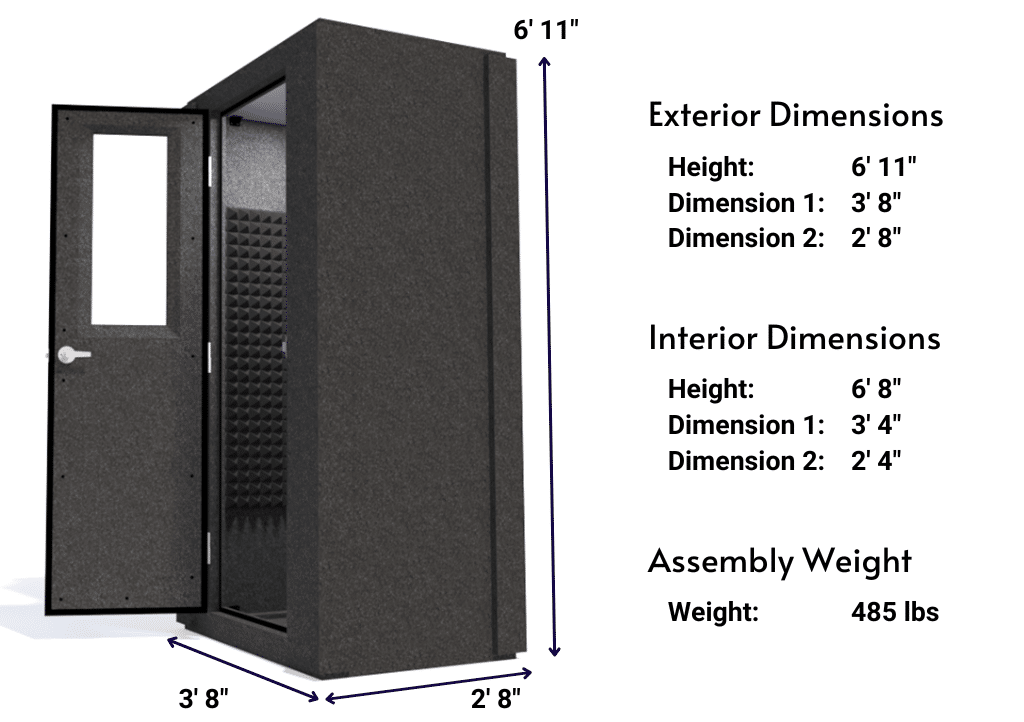 Side view image of a WhisperRoom MDL 4230 S with the door open, featuring gray acoustic foam lining the interior. Marked dimensions for both the exterior and interior provide a clear indication of the booth's size and spatial layout.