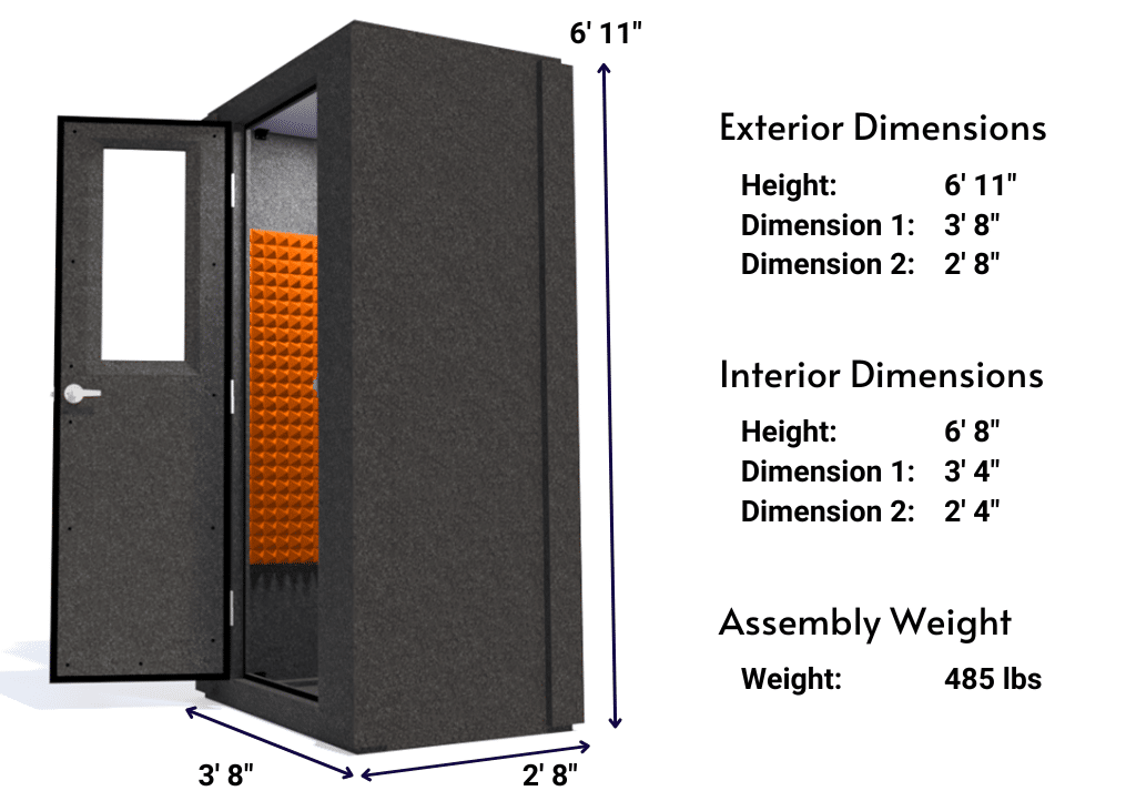 Side view image of a WhisperRoom MDL 4230 S with the door open, featuring orange acoustic foam lining the interior. Marked dimensions for both the exterior and interior provide a clear indication of the booth's size and spatial layout.