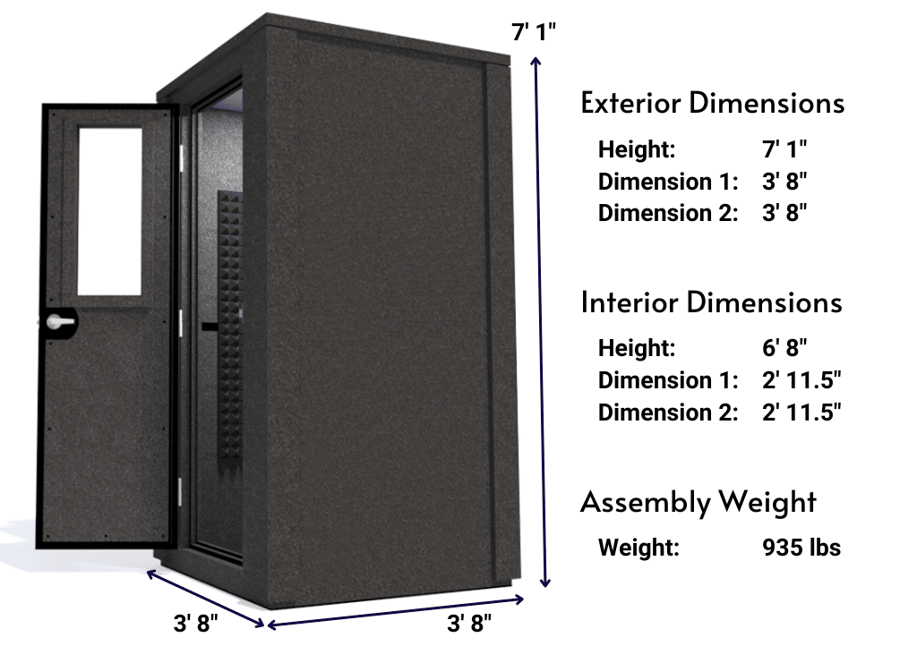 Side view image of a WhisperRoom MDL 4242 E with the door open, featuring gray acoustic foam lining the interior. Marked dimensions for both the exterior and interior provide a clear indication of the booth's size and spatial layout.