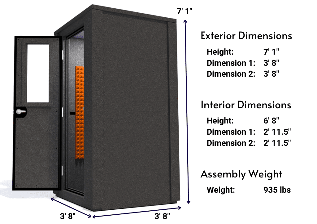 Side view image of a WhisperRoom MDL 4242 E with the door open, featuring orange acoustic foam lining the interior. Marked dimensions for both the exterior and interior provide a clear indication of the booth's size and spatial layout.