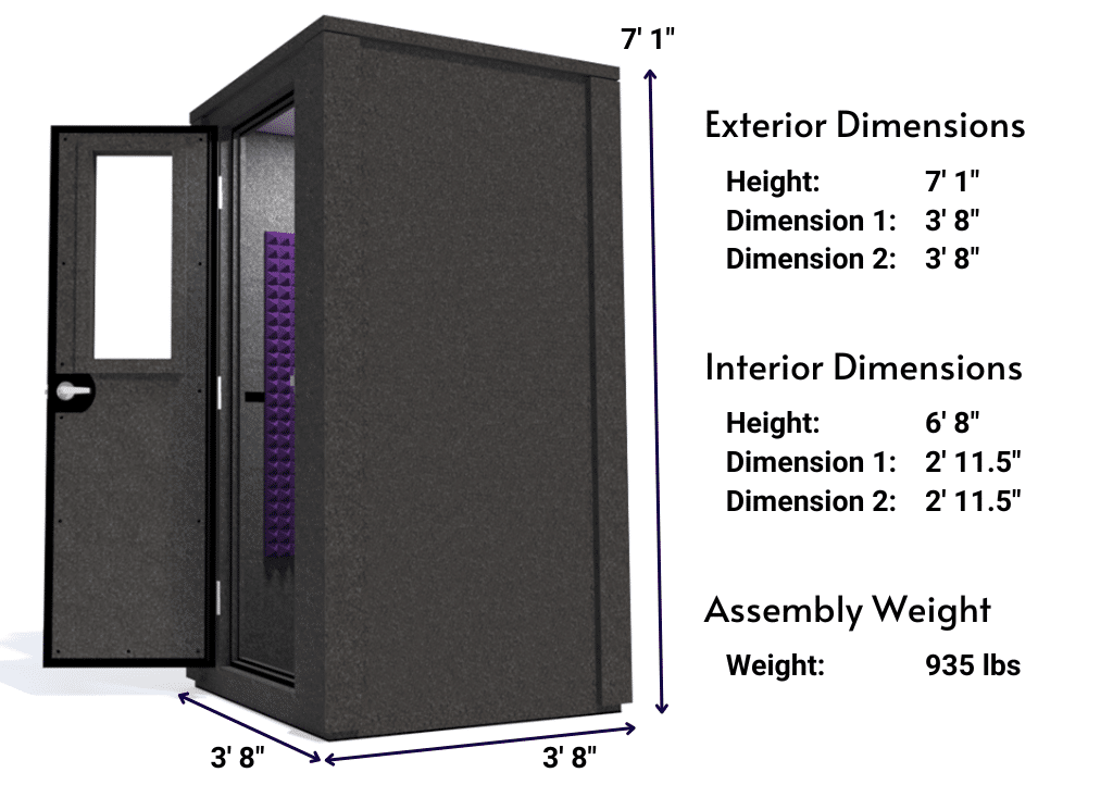Side view image of a WhisperRoom MDL 4242 E with the door open, featuring purple acoustic foam lining the interior. Marked dimensions for both the exterior and interior provide a clear indication of the booth's size and spatial layout.