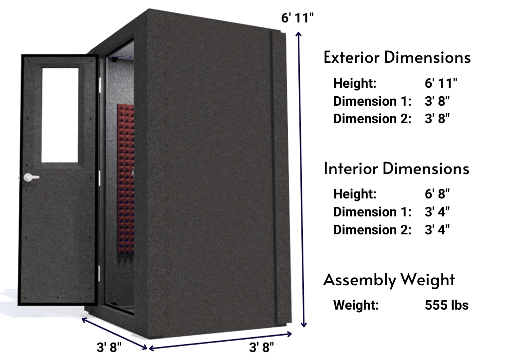 Side view image of a WhisperRoom MDL 4242 S with the door open, featuring burgundy acoustic foam lining the interior. Marked dimensions for both the exterior and interior provide a clear indication of the booth's size and spatial layout.