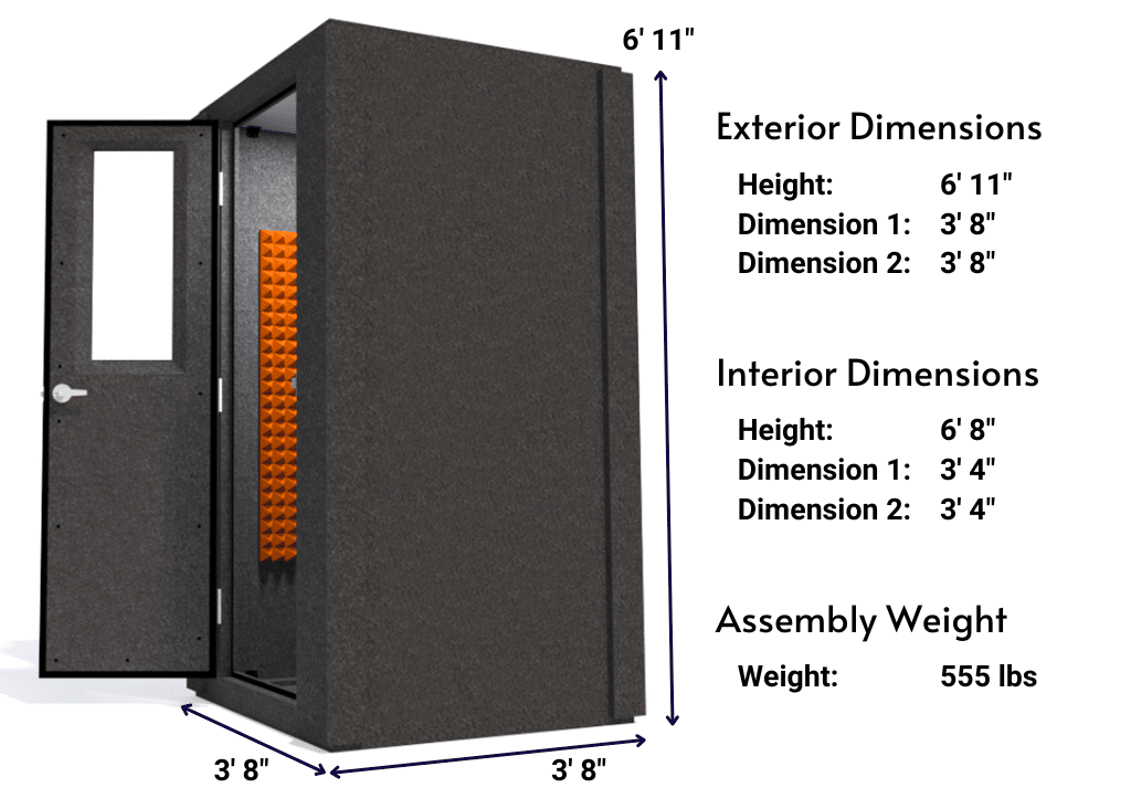 Side view image of a WhisperRoom MDL 4242 S with the door open, featuring orange acoustic foam lining the interior. Marked dimensions for both the exterior and interior provide a clear indication of the booth's size and spatial layout.