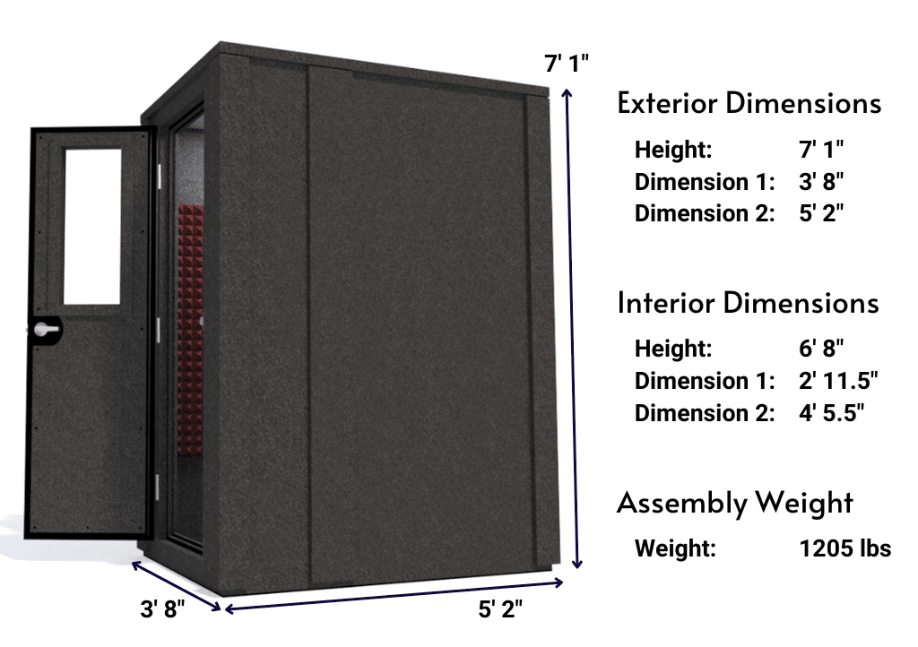 Side view image of a WhisperRoom MDL 4260 E with the door open, featuring burgundy acoustic foam lining the interior. Marked dimensions for both the exterior and interior provide a clear indication of the booth's size and spatial layout.