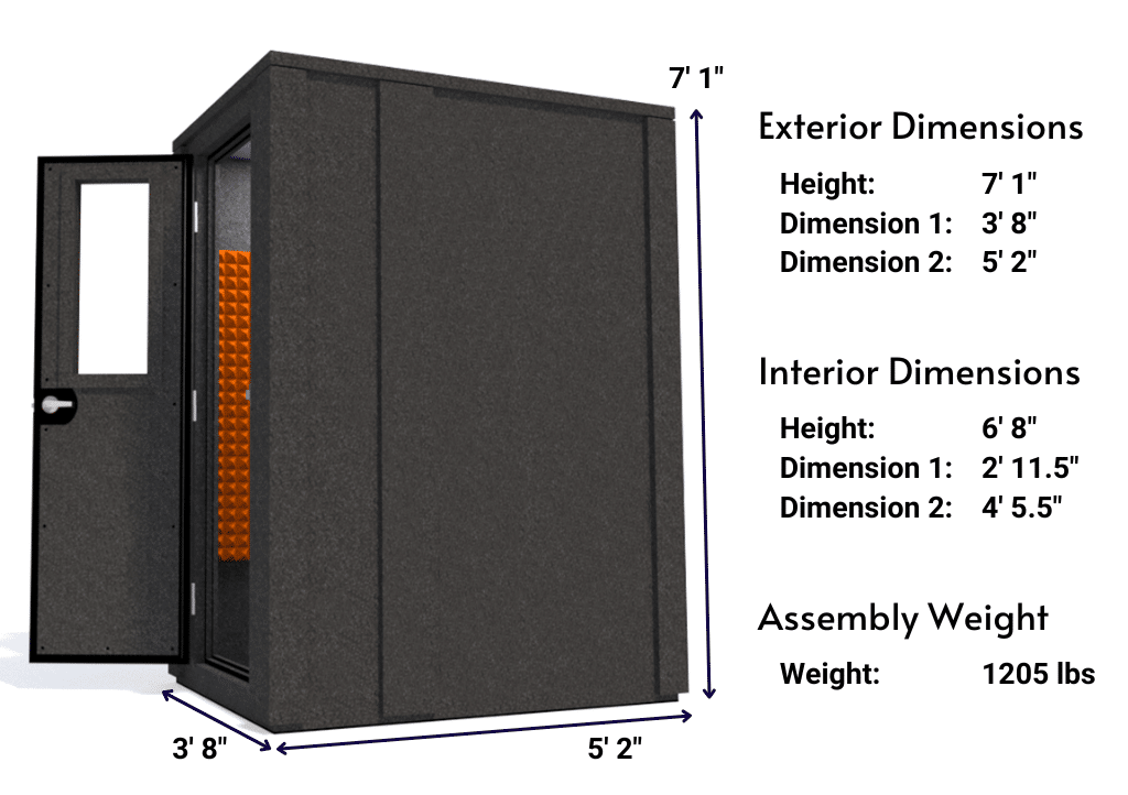 Side view image of a WhisperRoom MDL 4260 E with the door open, featuring orange acoustic foam lining the interior. Marked dimensions for both the exterior and interior provide a clear indication of the booth's size and spatial layout.