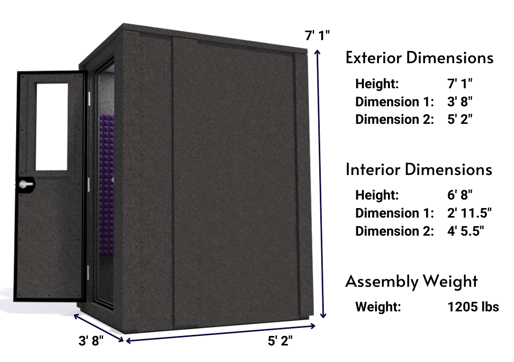 Side view image of a WhisperRoom MDL 4260 E with the door open, featuring purple acoustic foam lining the interior. Marked dimensions for both the exterior and interior provide a clear indication of the booth's size and spatial layout.