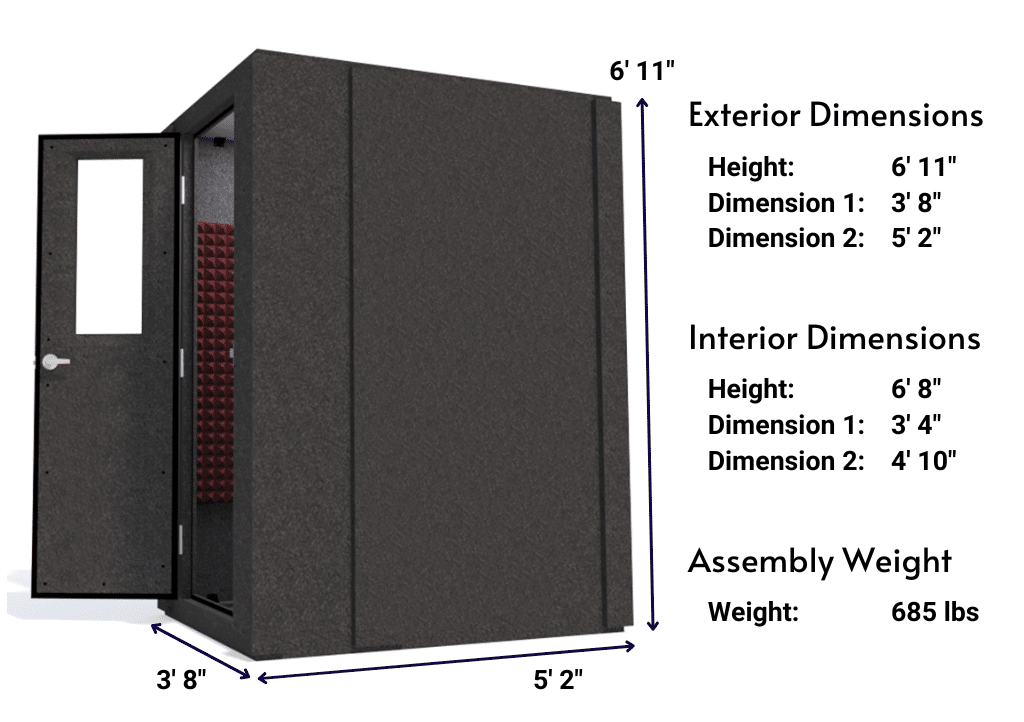 Side view image of a WhisperRoom MDL 4260 S with the door open, featuring burgundy acoustic foam lining the interior. Marked dimensions for both the exterior and interior provide a clear indication of the booth's size and spatial layout.