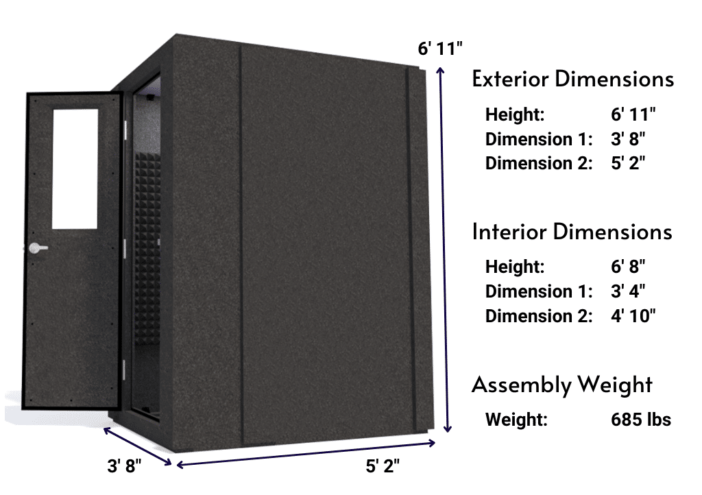 Side view image of a WhisperRoom MDL 4260 S with the door open, featuring gray acoustic foam lining the interior. Marked dimensions for both the exterior and interior provide a clear indication of the booth's size and spatial layout.