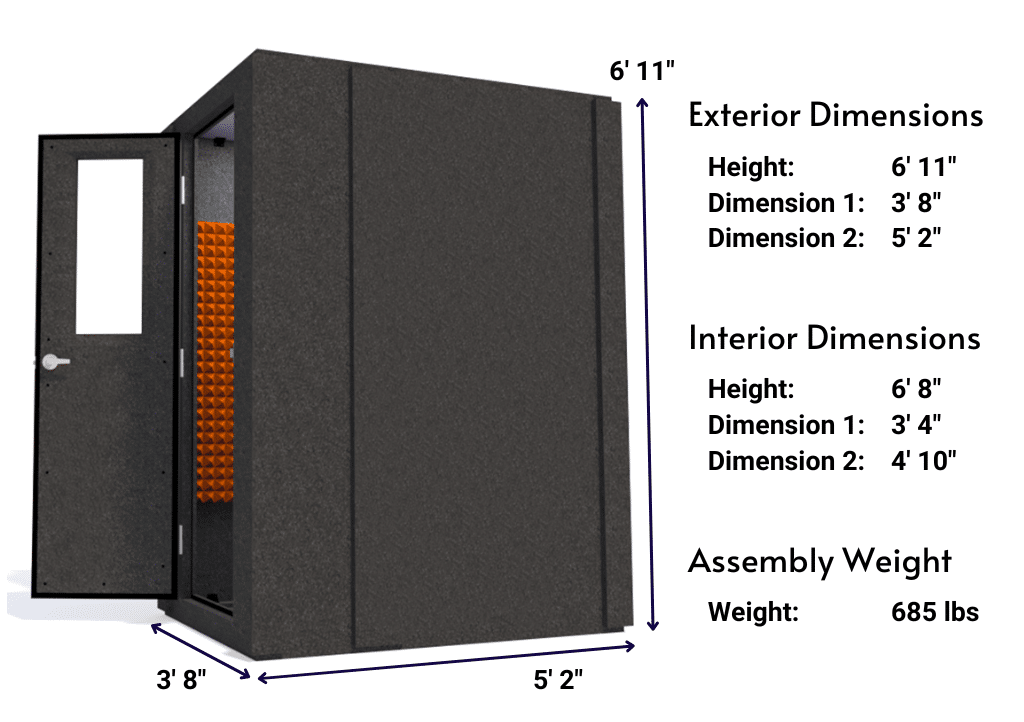 Side view image of a WhisperRoom MDL 4260 S with the door open, featuring orange acoustic foam lining the interior. Marked dimensions for both the exterior and interior provide a clear indication of the booth's size and spatial layout.
