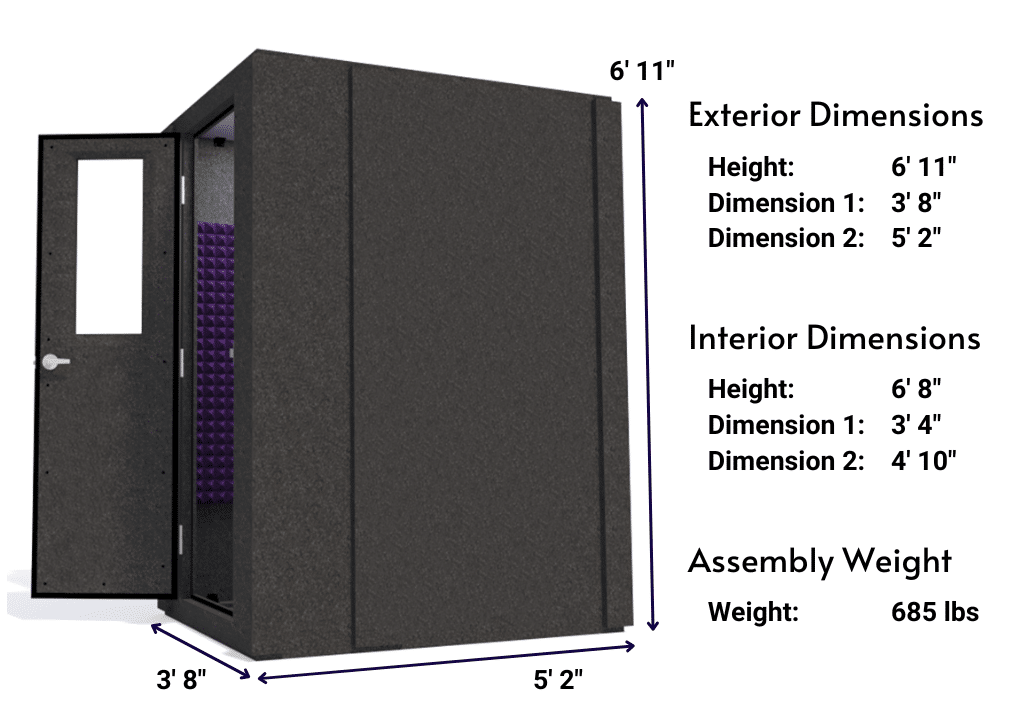 Side view image of a WhisperRoom MDL 4260 S with the door open, featuring purple acoustic foam lining the interior. Marked dimensions for both the exterior and interior provide a clear indication of the booth's size and spatial layout.