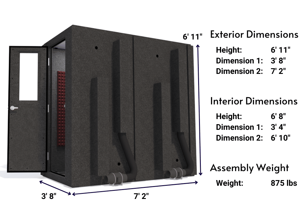 Side view image of a WhisperRoom MDL 4284 S with the door open, featuring burgundy acoustic foam lining the interior. Marked dimensions for both the exterior and interior provide a clear indication of the booth's size and spatial layout.