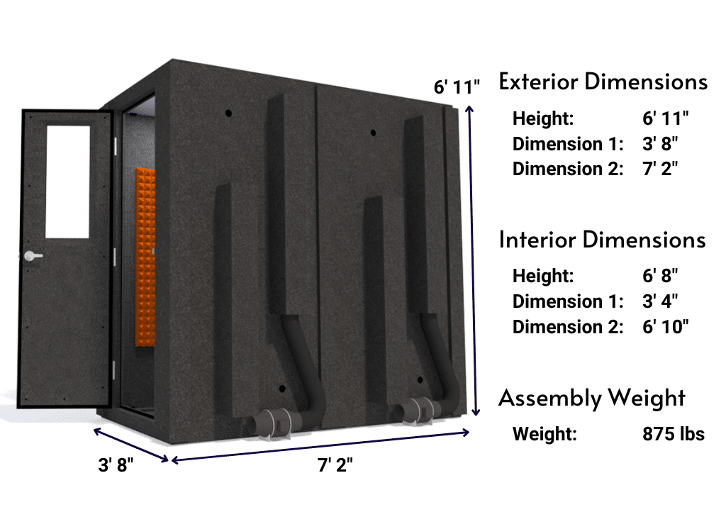Side view image of a WhisperRoom MDL 4284 S with the door open, featuring orange acoustic foam lining the interior. Marked dimensions for both the exterior and interior provide a clear indication of the booth's size and spatial layout.