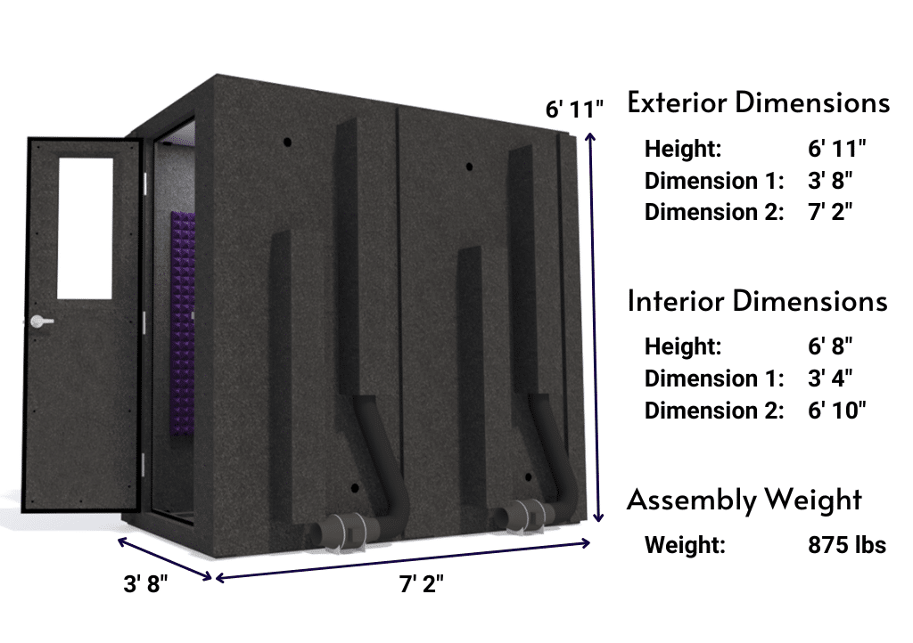 Side view image of a WhisperRoom MDL 4284 S with the door open, featuring purple acoustic foam lining the interior. Marked dimensions for both the exterior and interior provide a clear indication of the booth's size and spatial layout.