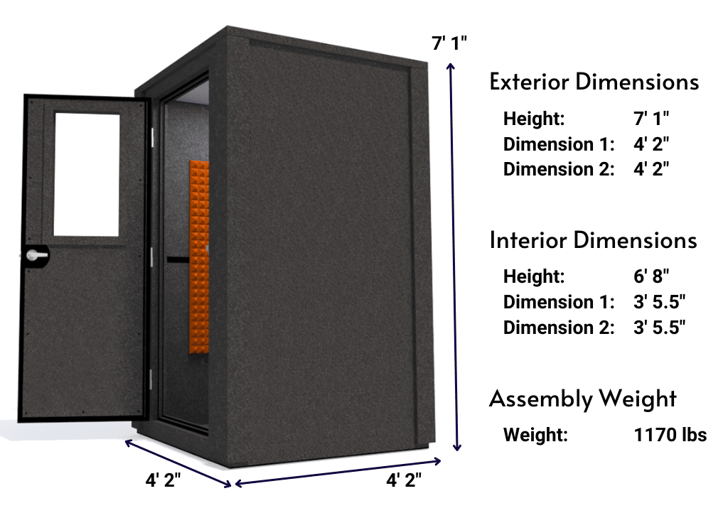 Side view image of a WhisperRoom MDL 4848 E with the door open, featuring orange acoustic foam lining the interior. Marked dimensions for both the exterior and interior provide a clear indication of the booth's size and spatial layout.