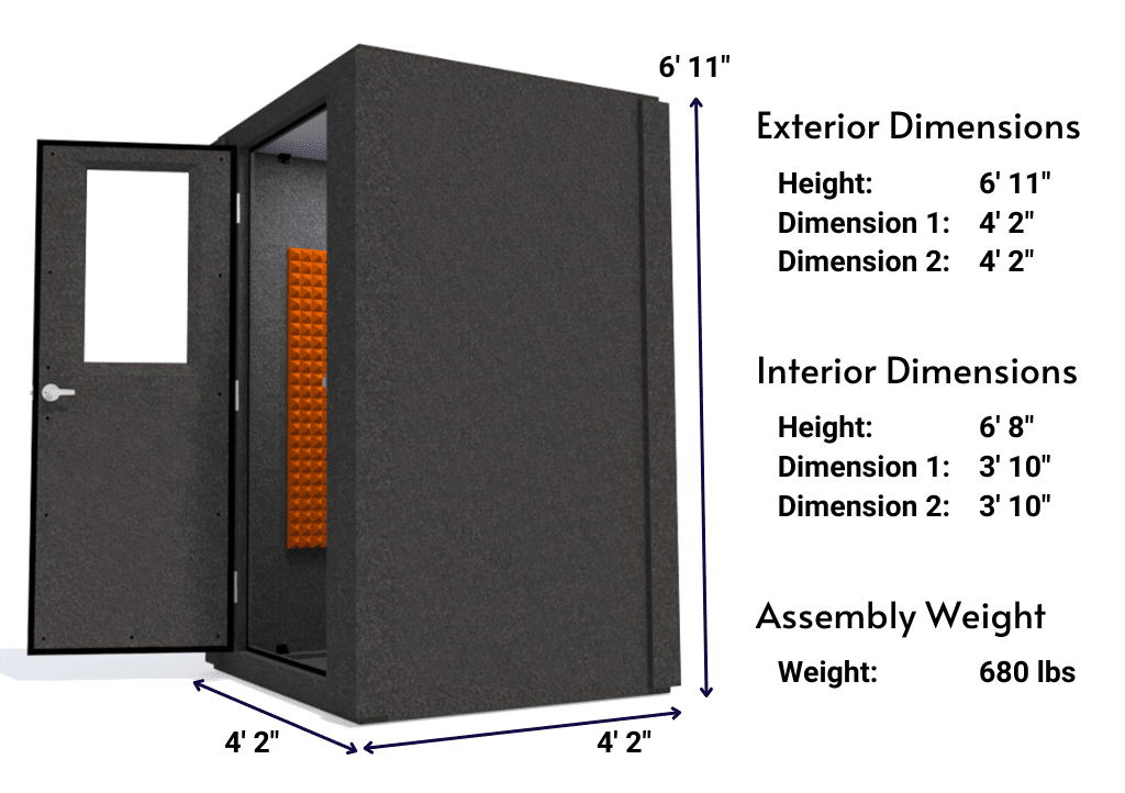 Side view image of a WhisperRoom MDL 4848 S with the door open, featuring orange acoustic foam lining the interior. Marked dimensions for both the exterior and interior provide a clear indication of the booth's size and spatial layout.