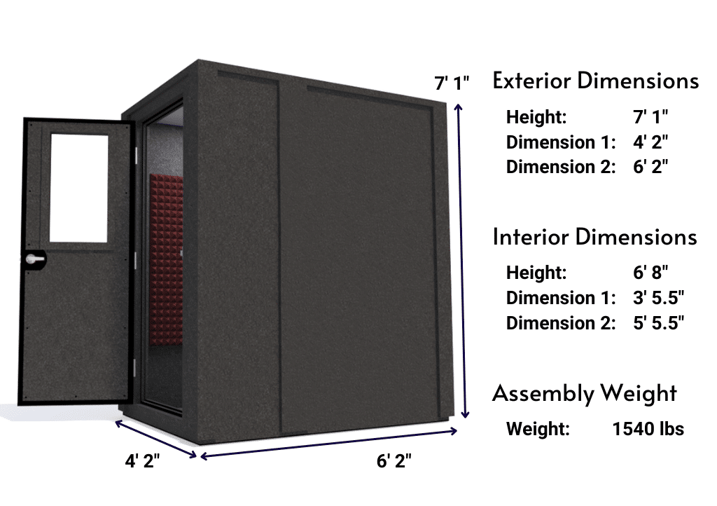 Side view image of a WhisperRoom MDL 4872 E with the door open, featuring burgundy acoustic foam lining the interior. Marked dimensions for both the exterior and interior provide a clear indication of the booth's size and spatial layout.