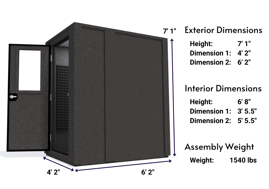 Side view image of a WhisperRoom MDL 4872 E with the door open, featuring gray acoustic foam lining the interior. Marked dimensions for both the exterior and interior provide a clear indication of the booth's size and spatial layout.
