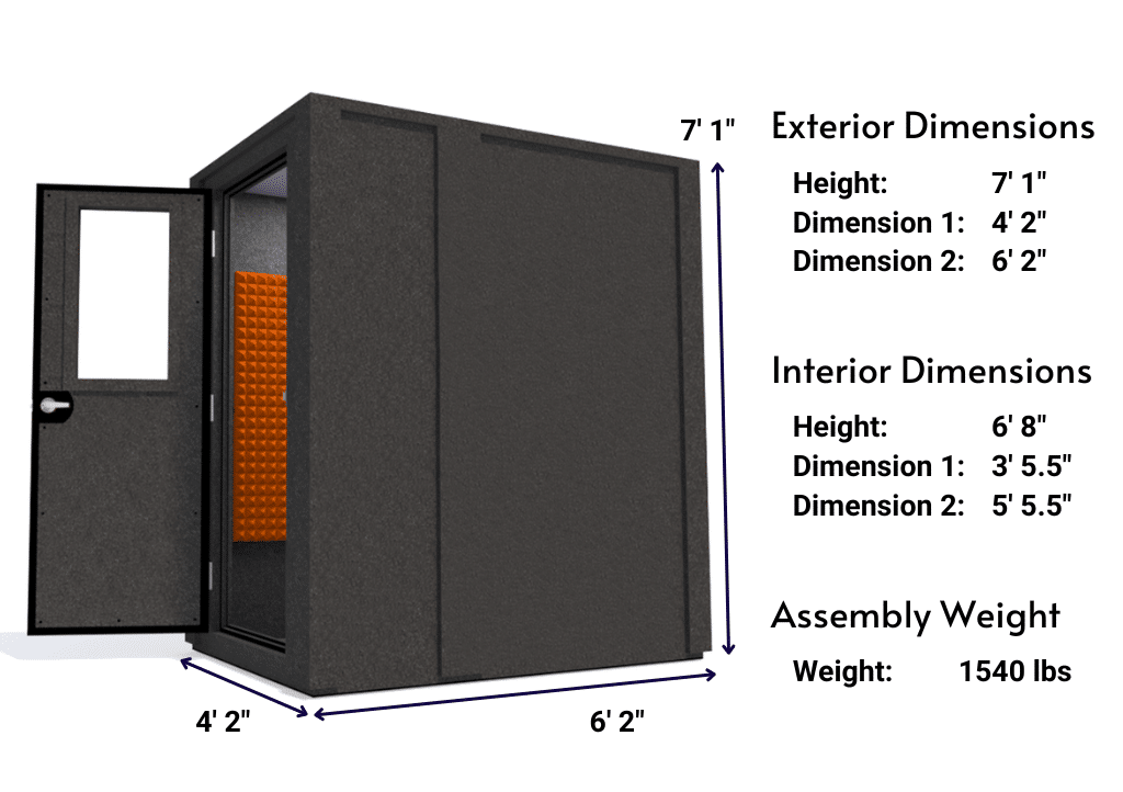 Side view image of a WhisperRoom MDL 4872 E with the door open, featuring orange acoustic foam lining the interior. Marked dimensions for both the exterior and interior provide a clear indication of the booth's size and spatial layout.