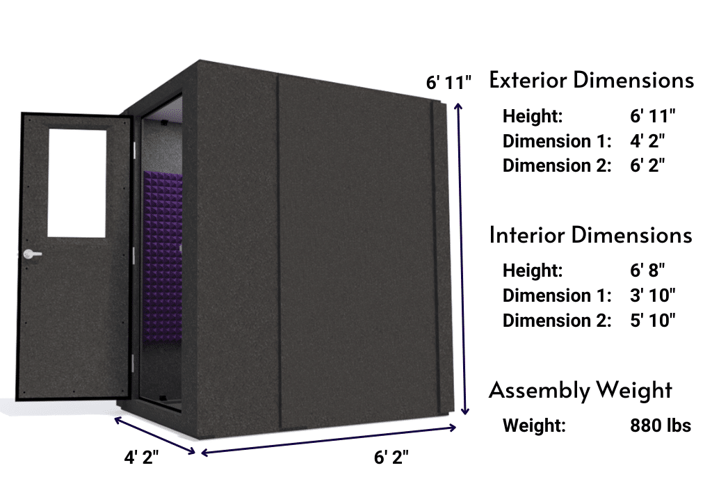 Side view image of a WhisperRoom MDL 4872 S with the door open, featuring burgundy acoustic foam lining the interior. Marked dimensions for both the exterior and interior provide a clear indication of the booth's size and spatial layout.