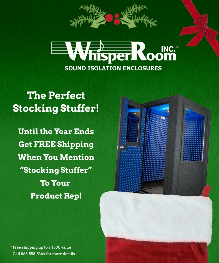 WhisperRoom's end of year promotion for free shipping with a booth inside of a stocking
