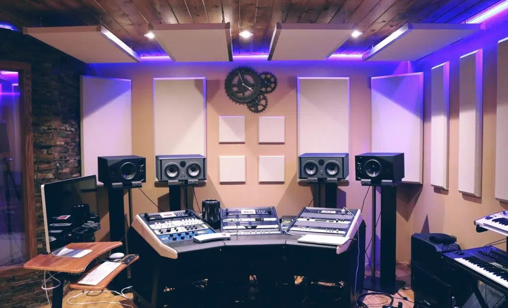Acoustic panels on the wall and ceiling of a recording studio. 