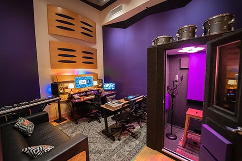 A WhisperRoom Vocal Booth shown inside of Bay Eight Recording Studio's Studio C.