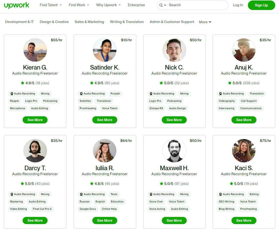An image of different Audio Recording freelancer profiles from Upwork.