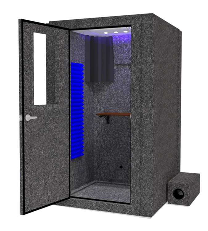 Image of the Voice Over Basic Package by WhisperRoom shown with blue foam and the door open.