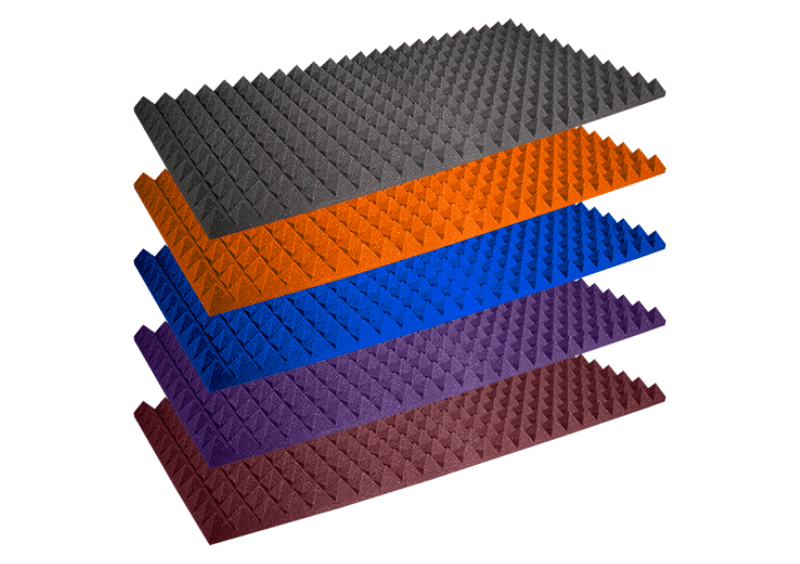 Five sheets of 2'x4' 2" thick Auralex Studiofoam (shown in gray, orange, blue, purple, and burgundy)