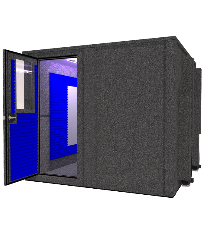 WhisperRoom's Drum Booth package shown from the front with open door and blue acoustic foam. 