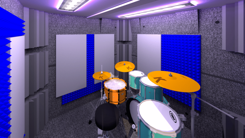 The interior of the WhisperRoom Drum Booth shown with acoustic treatment on the walls and a drum kit in the center.