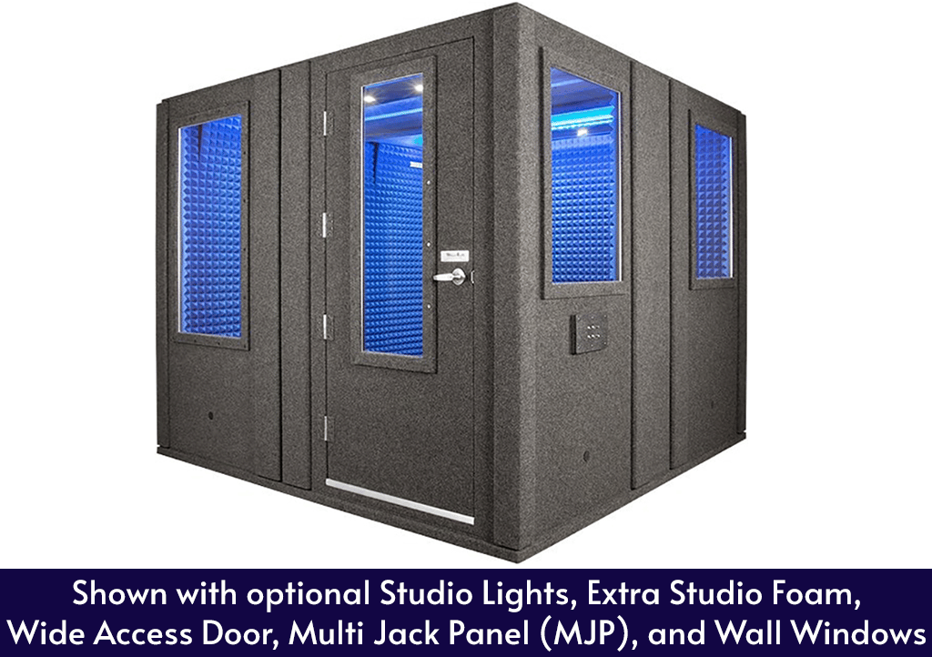 A WhisperRoom MDL 102102 S single-wall sound booth shown with a wide access door, studio lights, a multi jack panel, extra foam, and multiple wall windows.