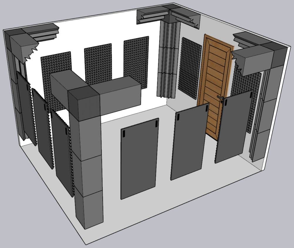 A rendering of a 12' x 10' room with various acoustic absorption and bass traps on the wall.