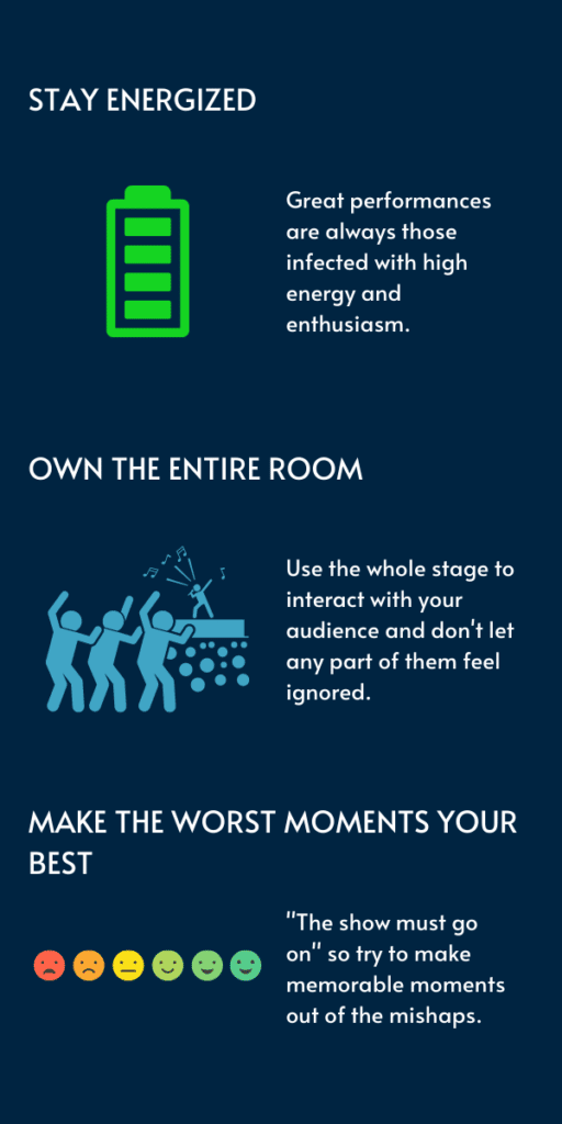 An info graph with 3 additional tips to have better stage presence.