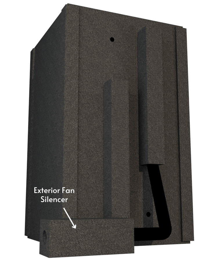 A WhisperRoom MDL 4848 S shown from the back to display the ventilation system with an Exterior Fan Silencer (EFS) attached to the sound booth.
