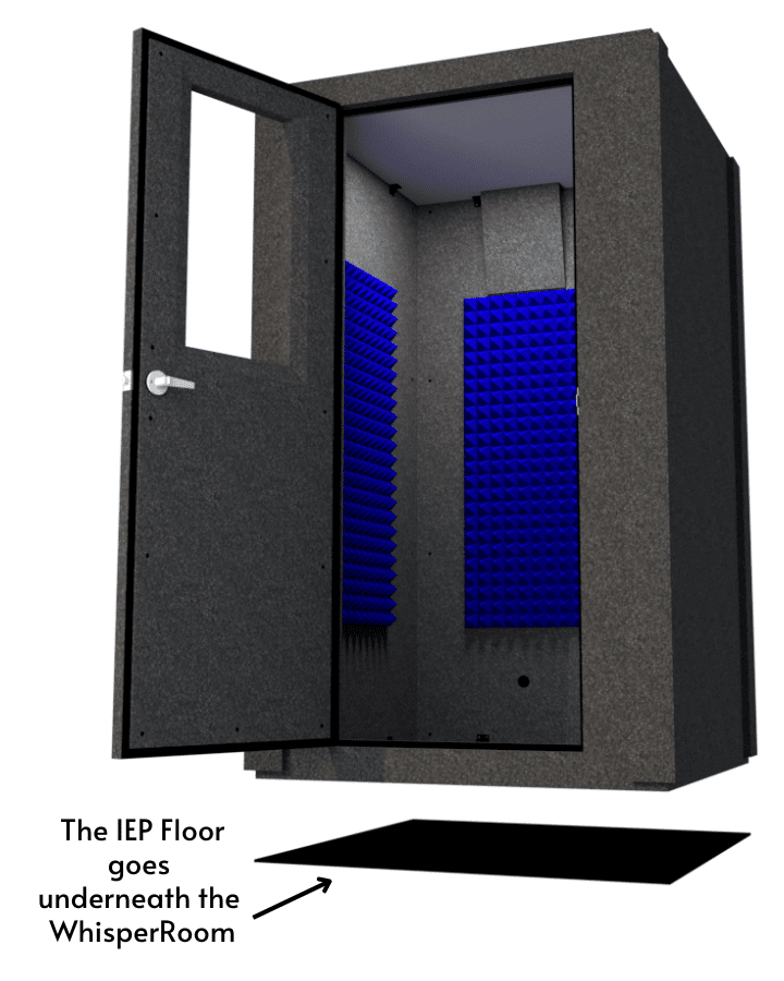 A WhisperRoom MDL 4848 S shown with a IEP Floor underneath the sound booth. The image also has text that labels the component.